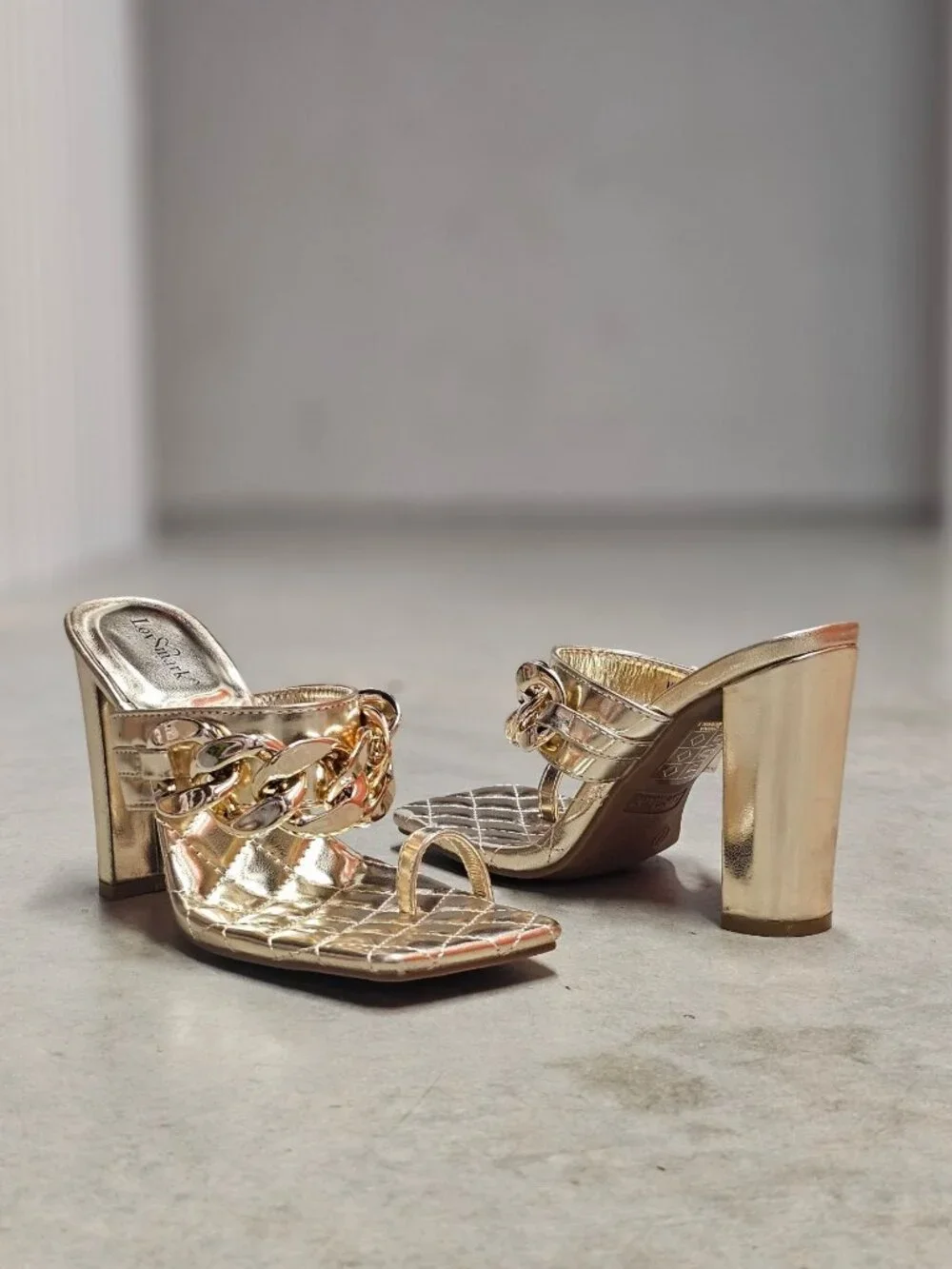 Gold Block Heel Chain Quilted Open Toe Mules For Women By Lovmark